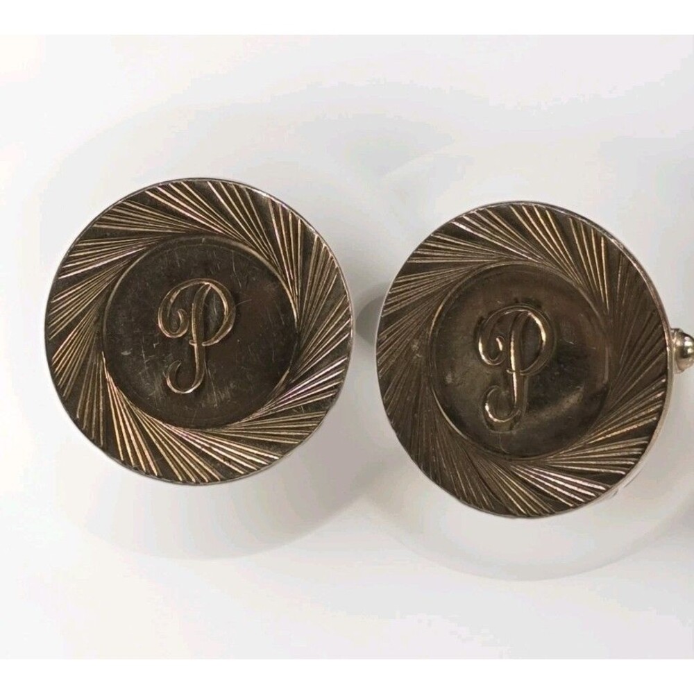 Vintage Monogram Letter P Gold Tone Cufflinks Engraved Swirl Design Pair #1220